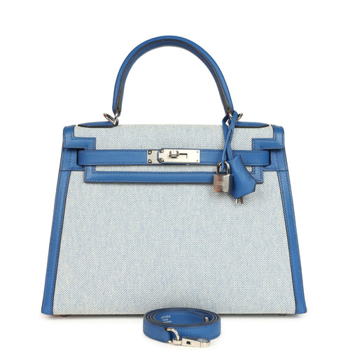 Pre-owned Hermes Kelly Sellier 28 Bleu France Swift and Ecru-Bleu Bill Toile H Canvas Palladium Hardware