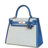 Pre-owned Hermes Kelly Sellier 28 Bleu France Swift and Ecru-Bleu Bill Toile H Canvas Palladium Hardware