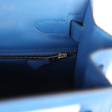 Pre-owned Hermes Kelly Sellier 28 Bleu France Swift and Ecru-Bleu Bill Toile H Canvas Palladium Hardware