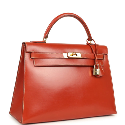 Vintage Hermes Kelly Sellier 32 Brique Box Gold Hardware