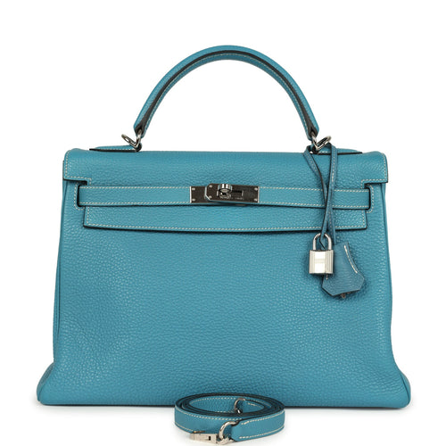 Vintage Hermes Kelly Retourne 32 Blue Jean Togo Palladium Hardware