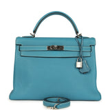 Vintage Hermes Kelly Retourne 32 Blue Jean Togo Palladium Hardware