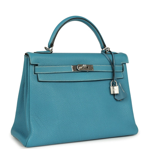 Vintage Hermes Kelly Retourne 32 Blue Jean Togo Palladium Hardware