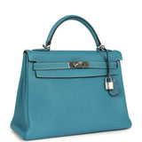 Vintage Hermes Kelly Retourne 32 Blue Jean Togo Palladium Hardware