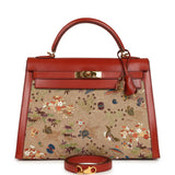 Vintage Hermes "Kimono" Kelly Sellier 32 Brique Box and Embroidered Silk Gold Hardware