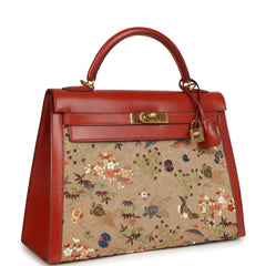 Vintage Hermes "Kimono" Kelly Sellier 32 Brique Box and Embroidered Silk Gold Hardware