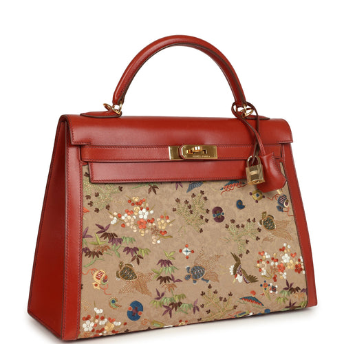 Vintage Hermes "Kimono" Kelly Sellier 32 Brique Box and Embroidered Silk Gold Hardware