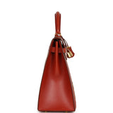 Vintage Hermes "Kimono" Kelly Sellier 32 Brique Box and Embroidered Silk Gold Hardware