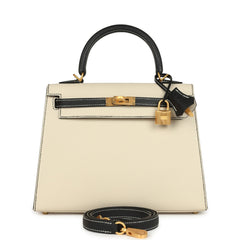 Hermes Special Order (HSS) Kelly Sellier 25 Craie, Black Epsom Brushed Gold Hardware