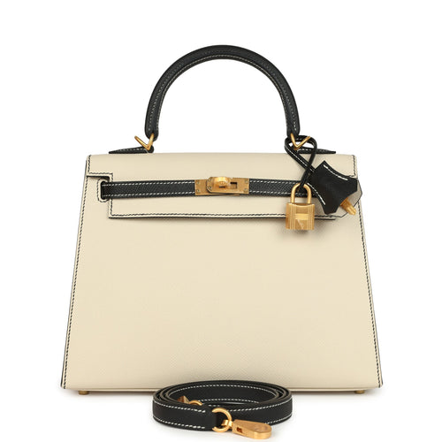 Hermes Special Order (HSS) Kelly Sellier 25 Craie and Black Epsom Brushed Gold Hardware