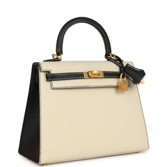 Hermes Special Order (HSS) Kelly Sellier 25 Craie, Black Epsom Brushed Gold Hardware