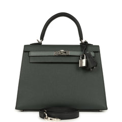 Hermes Kelly Sellier 25 Tri-Color Black, Vert Amande and Vert Mangrove Epsom Palladium Hardware