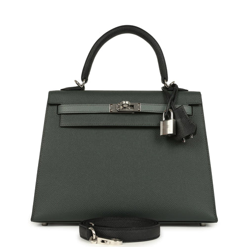 Hermes Kelly Sellier 25 Tri-Color Black, Vert Amande and Vert Mangrove Epsom Palladium Hardware