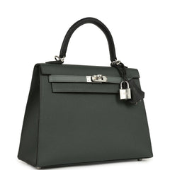 Hermes Kelly Sellier 25 Tri-Color Black, Vert Amande and Vert Mangrove Epsom Palladium Hardware