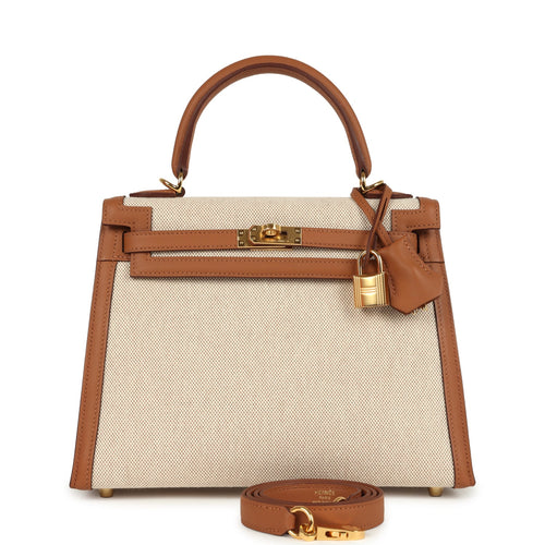 Hermes Kelly Sellier 25 Gold Swift and Ecru & Beige Toile H Canvas Gold Hardware
