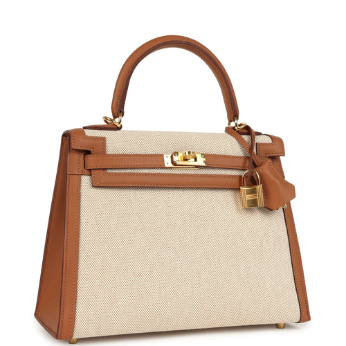 Hermes Kelly Sellier 25 Gold Swift and Ecru & Beige Toile H Canvas Gold Hardware