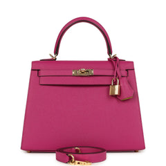 Pre-owned Hermes Special Order (HSS) Kelly Sellier 25 Rose Pourpre Verso Epsom Permabrass Hardware