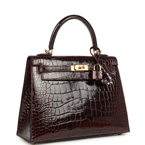 Hermes Kelly Sellier 25 Bordeaux Shiny Alligator Gold Hardware