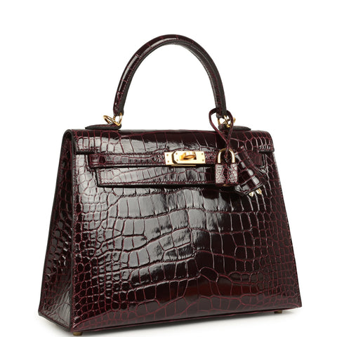Hermes Kelly Sellier 25 Bordeaux Shiny Alligator Gold Hardware