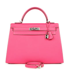 Pre-owned Hermes Candy Kelly Sellier 32 Rose Tyrien Epsom Palladium Hardware