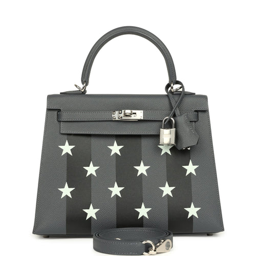 Hermes Kelly Sellier 25 Casaque Etoilee Ardoise Epsom, Black Tadelakt and Vert Peppermint Chevre Mysore Palladium Hardware