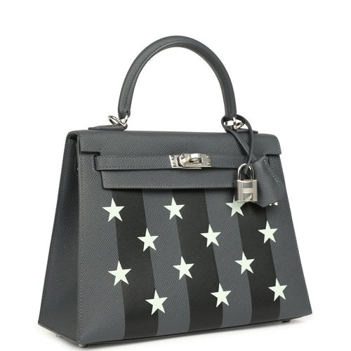 Hermes Kelly Sellier 25 Casaque Etoilee Ardoise Epsom, Black Tadelakt and Vert Peppermint Chevre Mysore Palladium Hardware