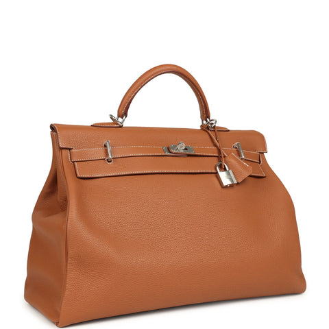 Hermes Kelly Voyage 50 Gold Clemence Palladium Hardware