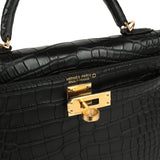 Hermes Kelly Sellier 20 Black Matte Alligator Gold Hardware