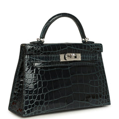 Pre-owned Hermes Special Order (HSS) Kelly Sellier 20 Vert Rousseau Verso Shiny Alligator Mississippiensis Palladium Hardware