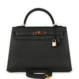 Pre-owned Hermes Kelly Sellier 32 Black Epsom Gold Hardware