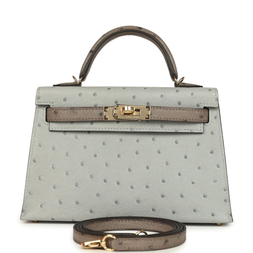 Hermes Special Order (HSS) Kelly Sellier 20 Bleu Glacier and Gris Tourterelle Ostrich Permabrass Hardware