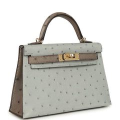 Hermes Special Order (HSS) Kelly Sellier 20 Bleu Glacier and Gris Tourterelle Ostrich Permabrass Hardware