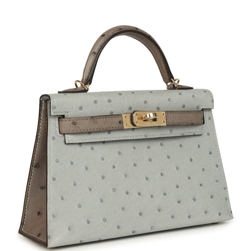 Hermes Special Order (HSS) Kelly Sellier 20 Bleu Glacier and Gris Tourterelle Ostrich Permabrass Hardware