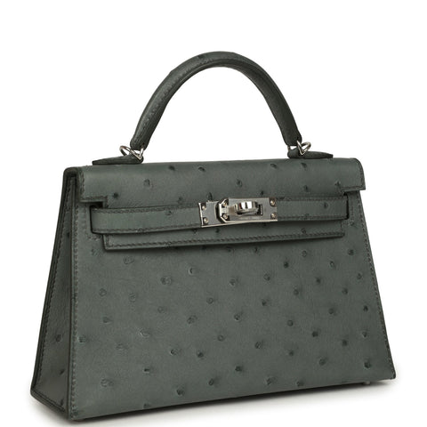 Hermes Kelly Sellier 20 Vert Amande Ostrich Palladium Hardware