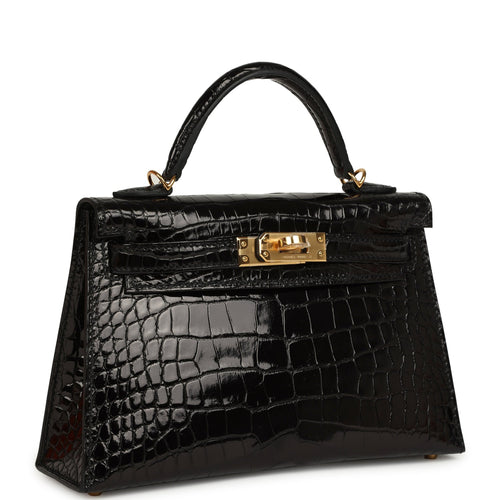 Hermes Kelly Sellier 20 Black Shiny Alligator Gold Hardware