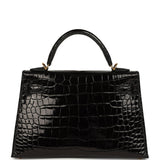 Hermes Kelly Sellier 20 Black Shiny Alligator Gold Hardware