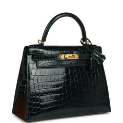 Pre-owned Hermes Kelly Sellier 28 Vert Cypres Shiny Niloticus Crocodile Gold Hardware