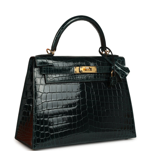 Pre-owned Hermes Kelly Sellier 28 Vert Cypres Shiny Niloticus Crocodile Gold Hardware