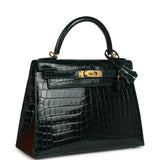 Pre-owned Hermes Kelly Sellier 28 Vert Cypres Shiny Niloticus Crocodile Gold Hardware