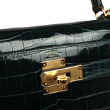 Pre-owned Hermes Kelly Sellier 28 Vert Cypres Shiny Niloticus Crocodile Gold Hardware