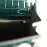 Pre-owned Hermes Kelly Sellier 28 Vert Cypres Shiny Niloticus Crocodile Gold Hardware