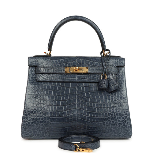 Hermes Kelly Retourne 28 Bleu Nuit Satin Matte Porosus Crocodile Gold Hardware