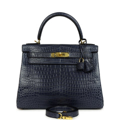 Hermes Kelly Retourne 28 Bleu Nuit Satin Matte Porosus Crocodile Gold Hardware