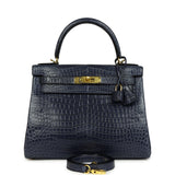 Hermes Kelly Retourne 28 Bleu Nuit Satin Matte Porosus Crocodile Gold Hardware