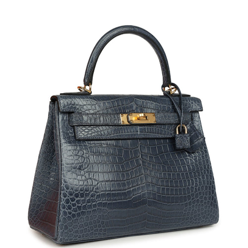 Hermes Kelly Retourne 28 Bleu Nuit Satin Matte Porosus Crocodile Gold Hardware