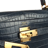 Hermes Kelly Retourne 28 Bleu Nuit Satin Matte Porosus Crocodile Gold Hardware