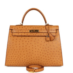 Pre-owned Hermes Kelly Sellier 35 Cognac Ostrich Gold Hardware