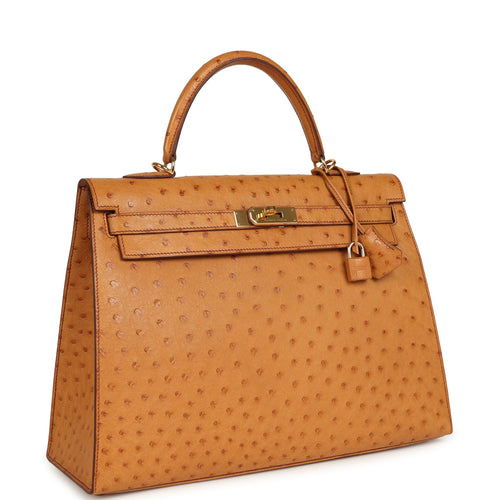 Pre-owned Hermes Kelly Sellier 35 Cognac Ostrich Gold Hardware