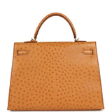 Pre-owned Hermes Kelly Sellier 35 Cognac Ostrich Gold Hardware
