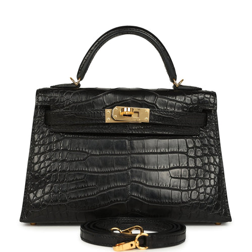 Pre-owned Hermes Kelly Sellier 20 Black Matte Alligator Gold Hardware